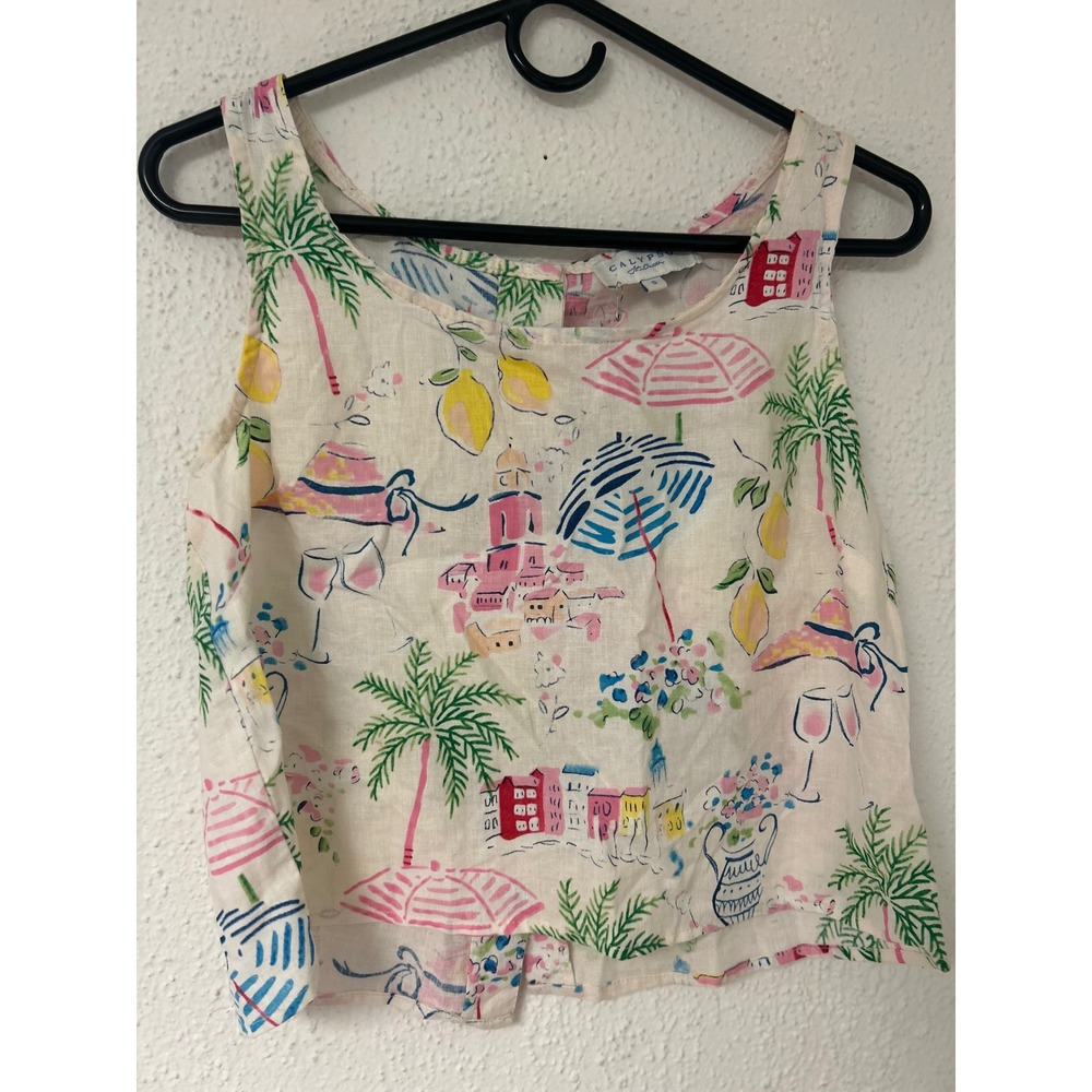 Calypso St Barth Linen Blend Vacation Print Button Back Tank Top Small